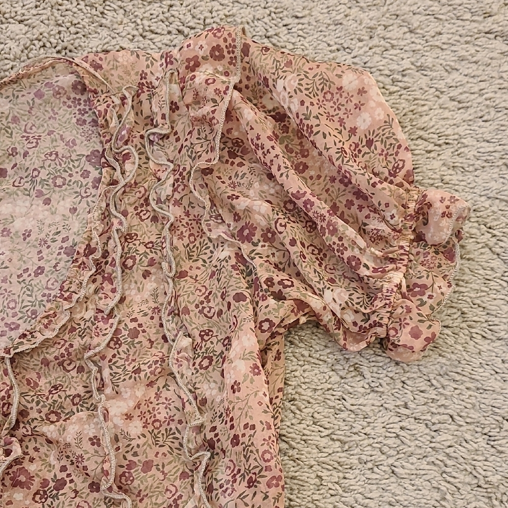 Anthropologie Floral Sheer Cropped Puff Sleeve Blouse PXXS - Picture 7 of 15
